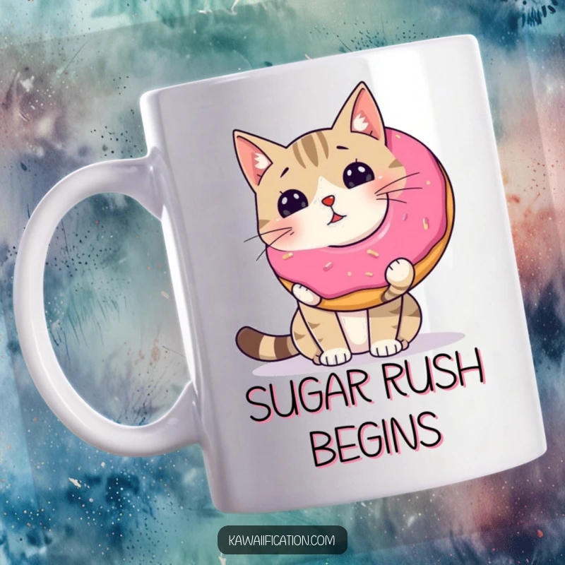 Funny wobbly cat attempting to balance a giant donut on its nose, perfect for a cute mug.