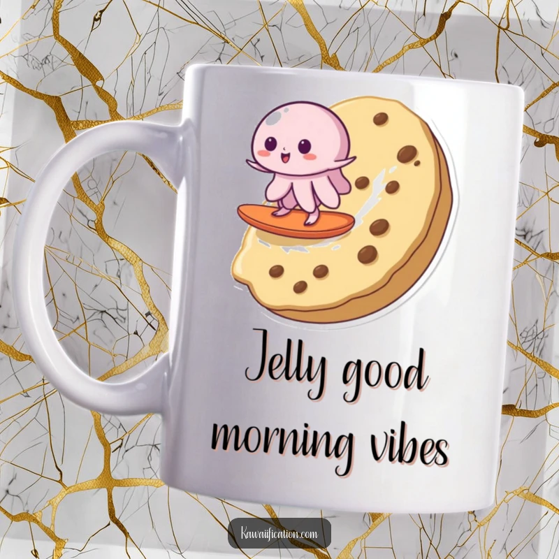 Funny dessert mug featuring a wobbly jelly attempting to surf a giant cookie, capturing a moment of sweet, comical determination.