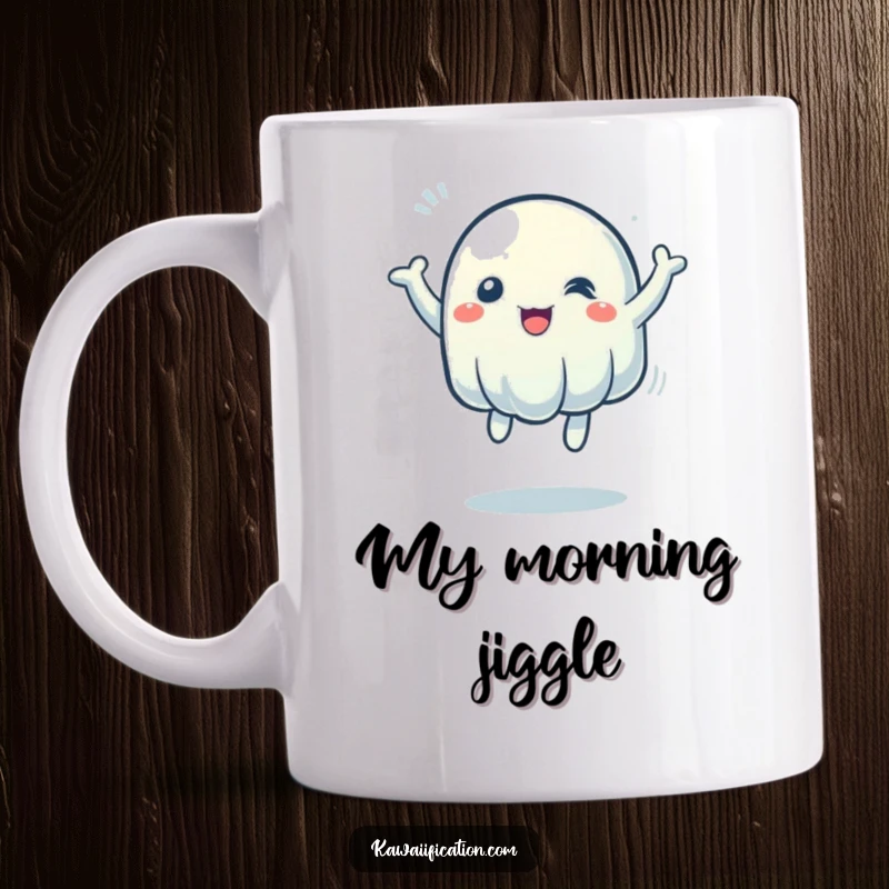 Funny Mug: A wobbly jelly character energetically bouncing, showcasing unexpected zest and playful movement. Perfect for a humorous gift.