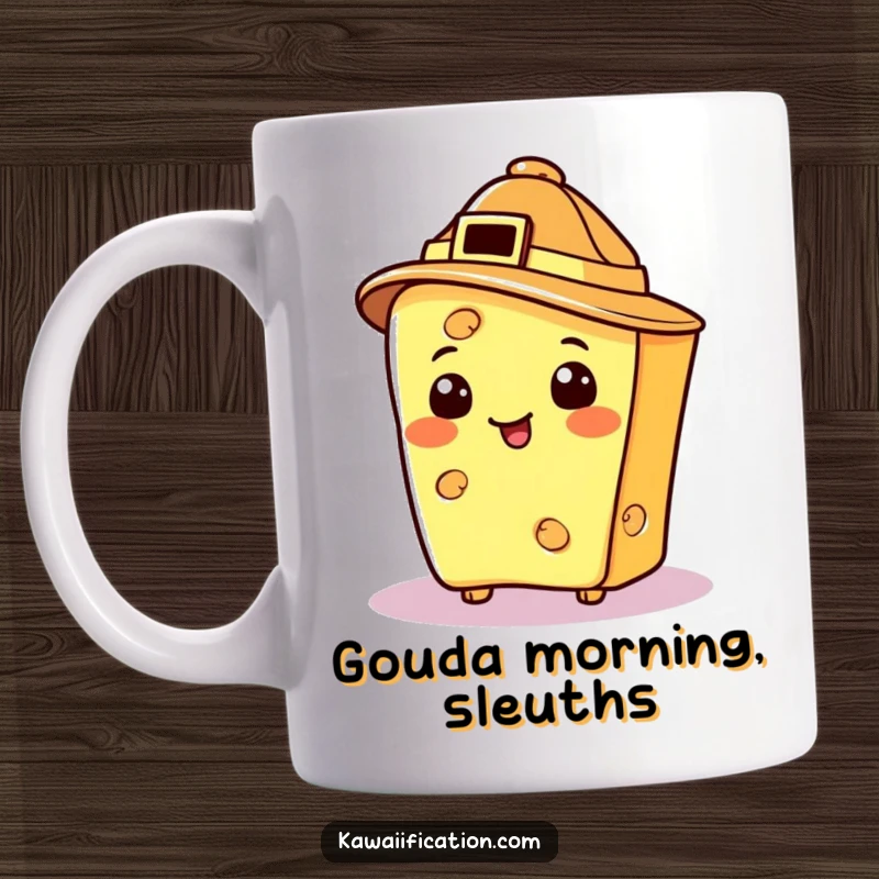 Funny cheese slice wearing a detective hat, investigating with a magnifying glass, perfect humorous gift.