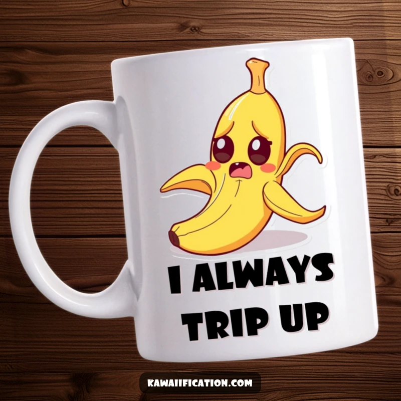 Funny startled banana peel slipping on itself with wide eyes, cartoon character experiencing a comical fall, perfect for a funny gift.