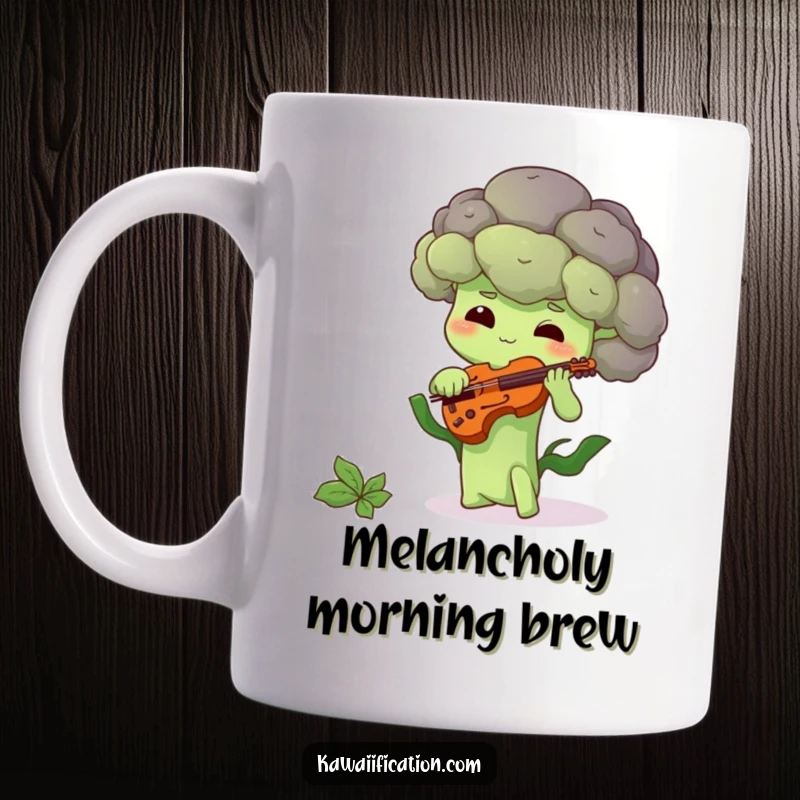 Funny mug featuring a shy broccoli floret playing a tiny violin with a melancholic yet endearing expression.