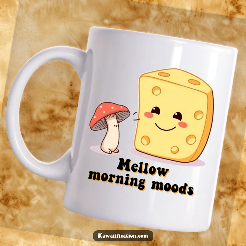 Funny shy mushroom attempting to wink at a giant smiling cheese block on a mug, a charming and humorous design.