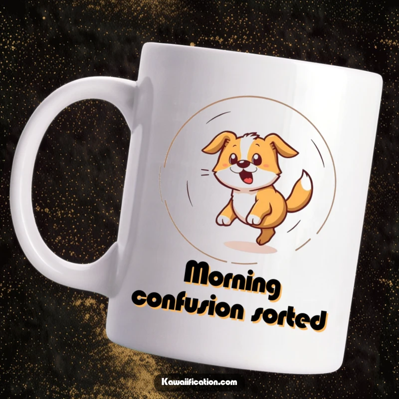 Funny dog spinning in a dizzy spiral while chasing its tail, conveying playful bewilderment on a mug.