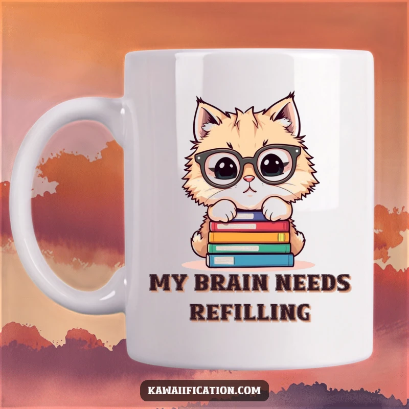 Funny cat wearing big glasses precariously balancing a tall stack of books, representing a stressed student or academic.