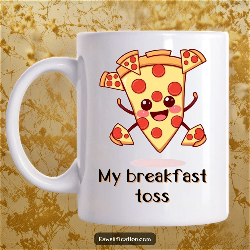 Funny pizza mug, smiling slice juggling pepperoni slices, a humorous and delicious design for food enthusiasts.