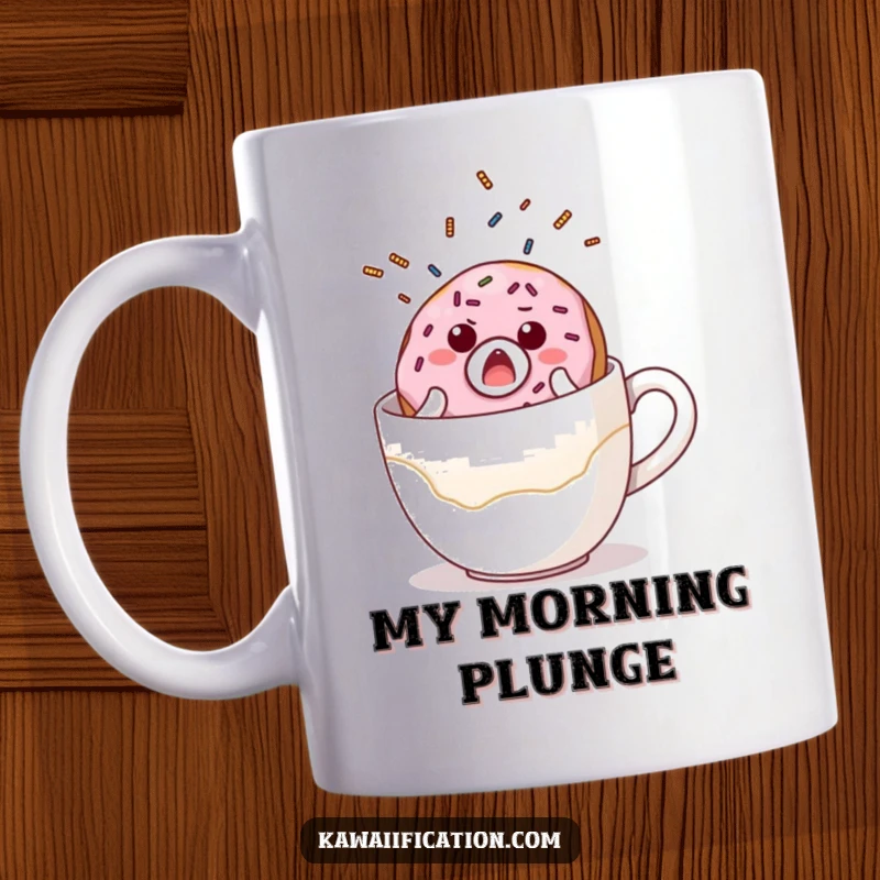 Funny mug vividly capturing a surprised donut with sprinkles flying, comically falling off a giant coffee cup, mid-disaster.