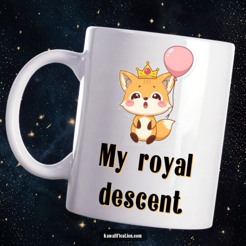 Funny mug showing a surprised fox character wearing a tiny crown, comically falling out of a deflating balloon, depicting a moment of unexpected adventure.