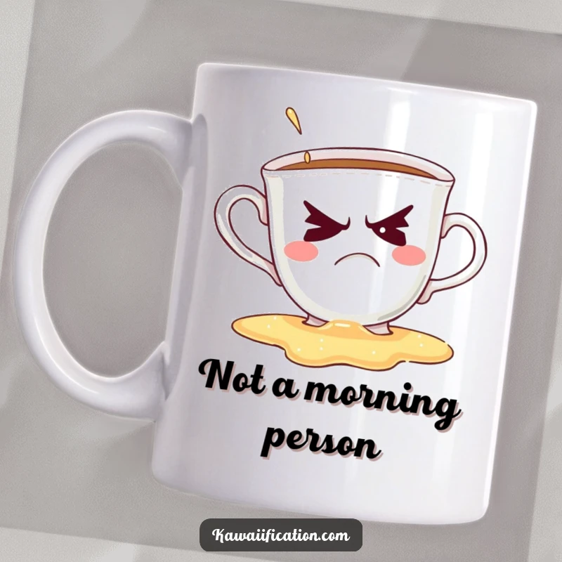 Funny mug featuring a grumpy teacup spilling its contents while trying to wink, capturing morning chaos humorously.