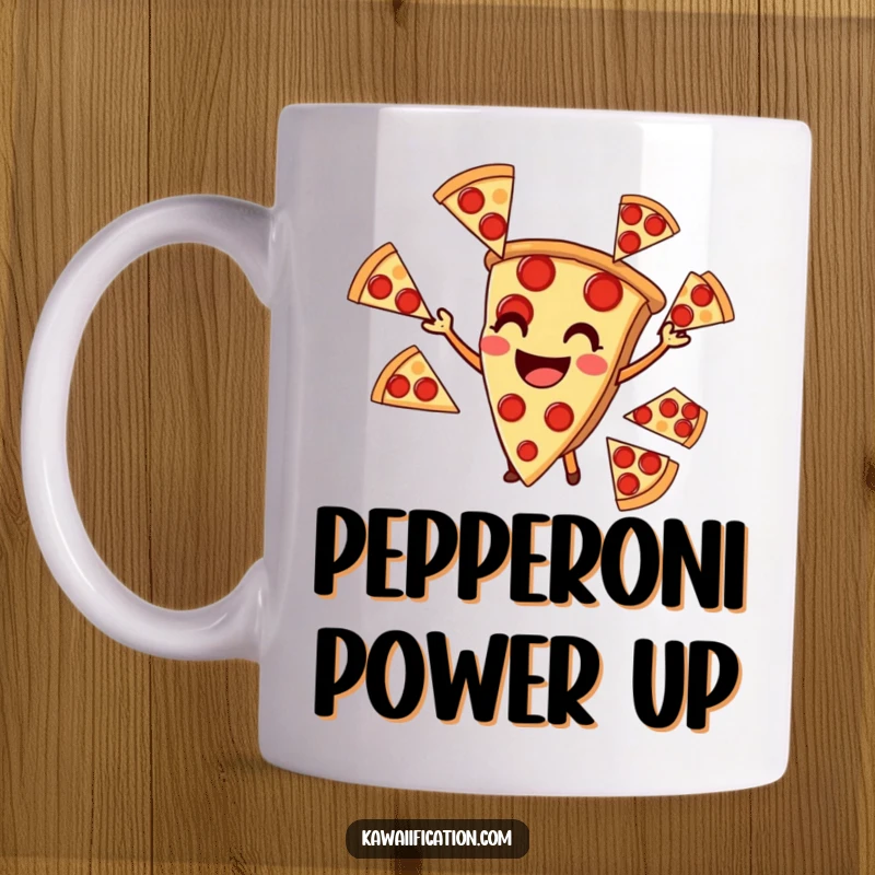 Funny smiling slice of pizza skillfully juggling multiple pepperoni slices on a mug, celebrating pizza perfection.