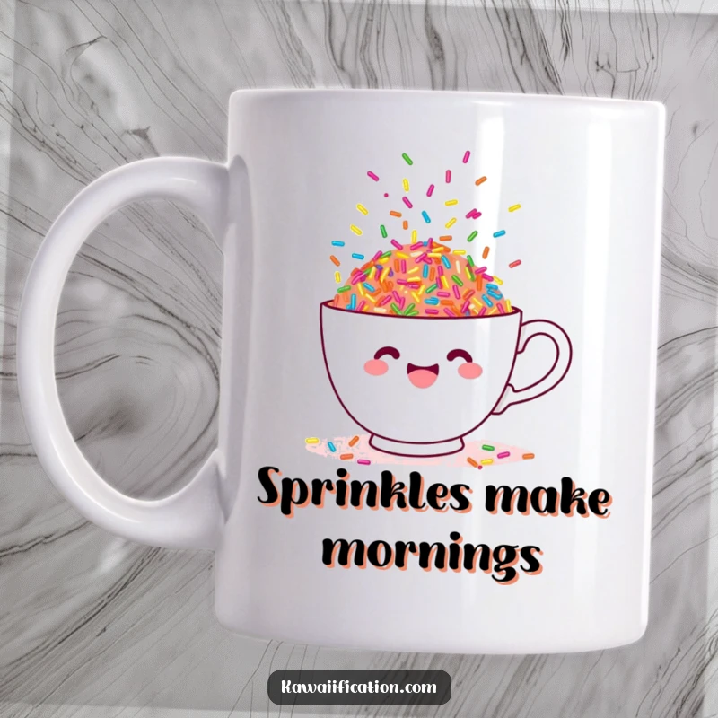 Funny cheerful teacup overflowing with colorful, dancing sprinkles, symbolizing joy and sweet moments on a mug.