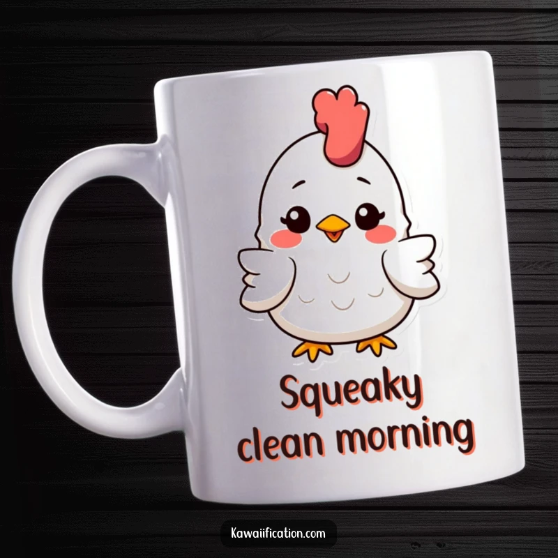 Funny Mug featuring a slightly flattened, but grinning, rubber chicken, radiating pure, unadulterated joy despite its predicament.