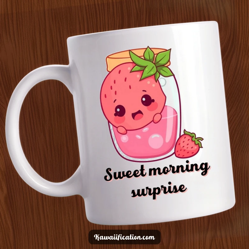 Funny cheerful strawberry stuck in a jam jar, looking surprised, cartoon fruit character in a comical predicament, ideal for a funny gift.