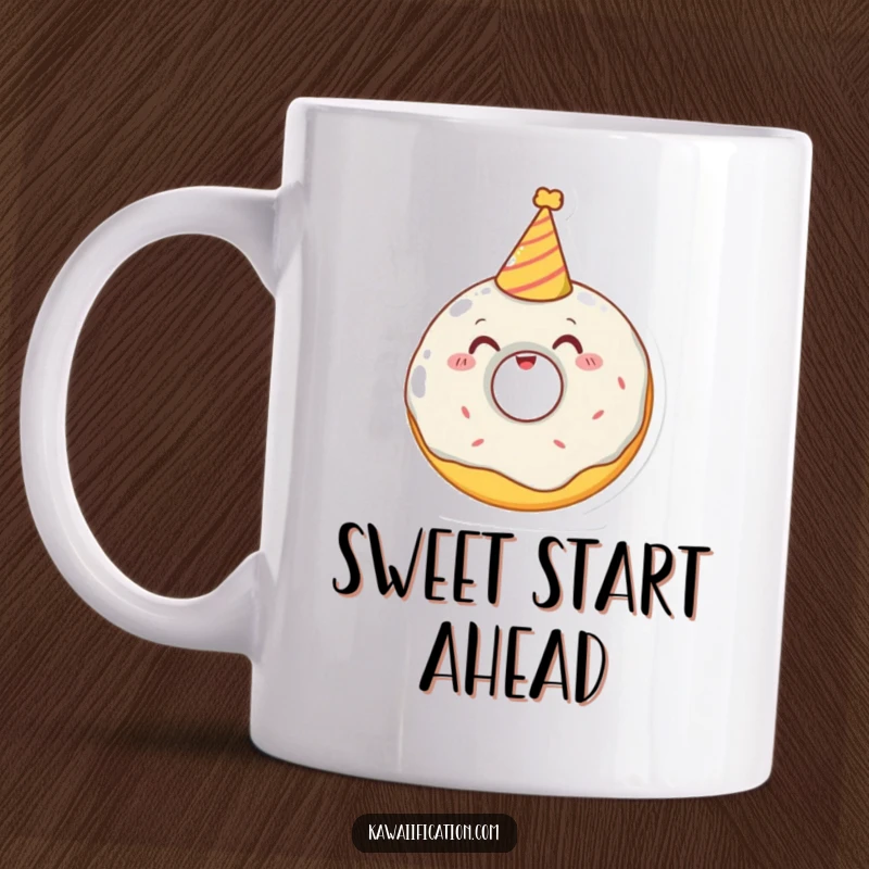 Funny mug featuring a delighted donut character attempting to wear a tiny party hat, embodying festive sweetness and joy.