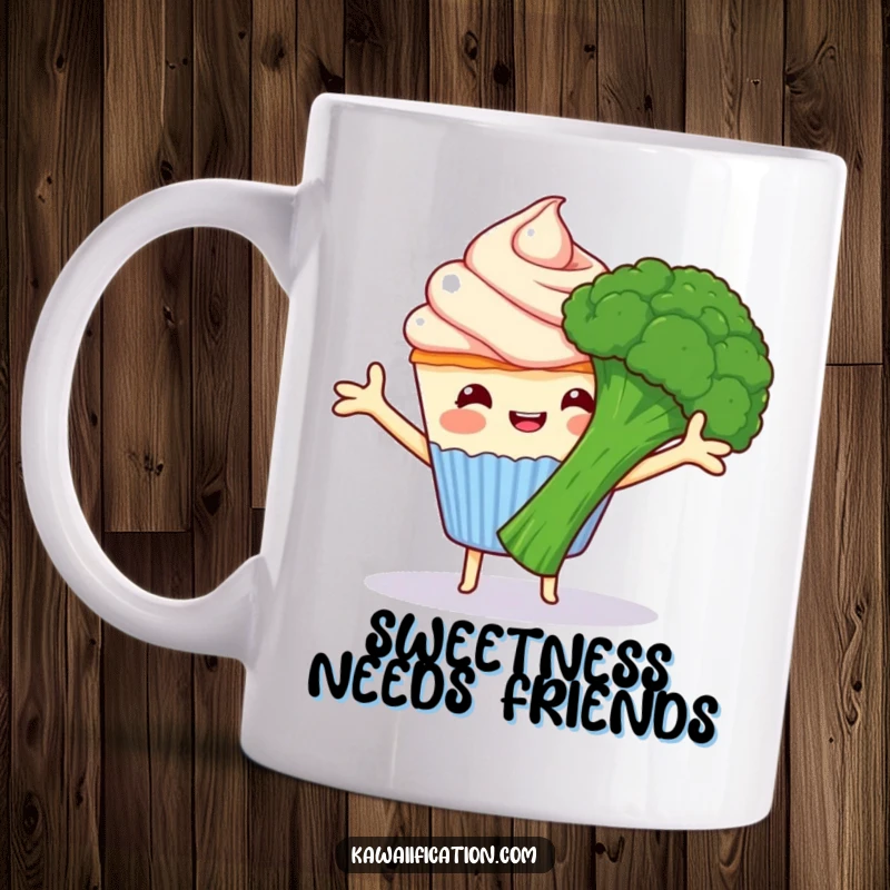 Funny happy cupcake with frosting arms hugging grumpy broccoli, cartoon characters in a humorous embrace, ideal for a funny gift.