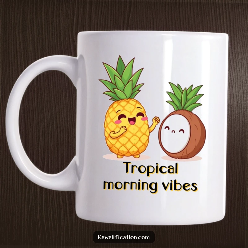 Funny mug featuring a cheerful pineapple singing opera to a shy coconut, capturing a hilarious tropical musical moment.