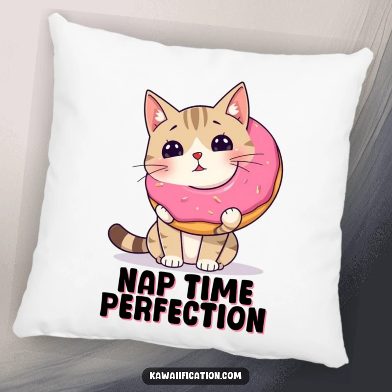 Funny wobbly cat balancing a giant donut on its nose, designed for a soft and decorative accent pillow.