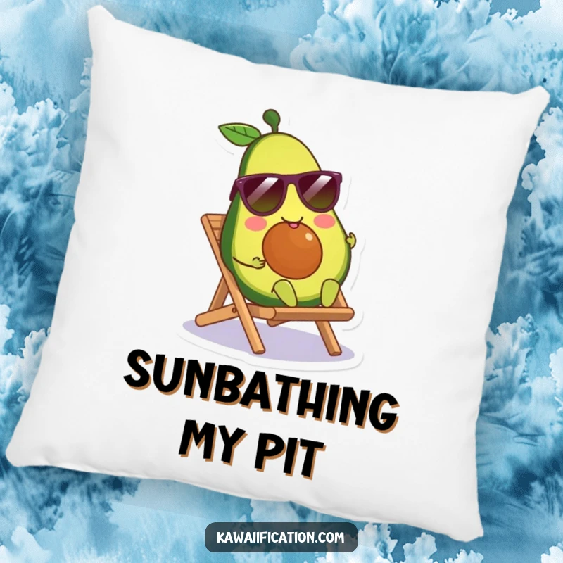 Funny smiling avocado character wearing sunglasses, lounging on a tiny beach chair, designed for a soft and decorative accent pillow.