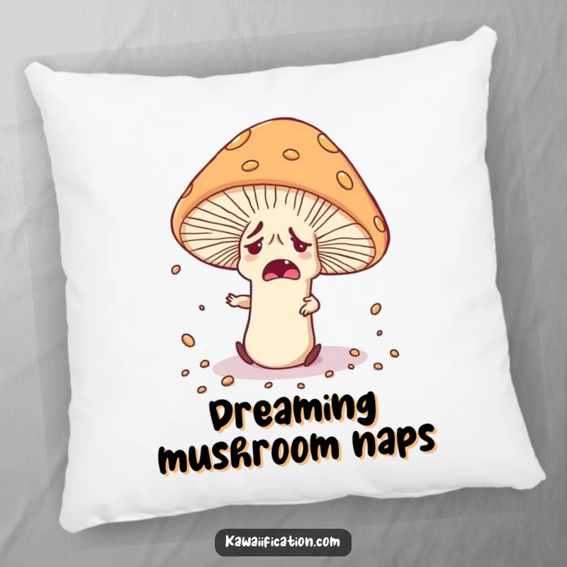 Funny nervous mushroom character tripping over its own cap, scattering spores, designed for a soft and decorative accent pillow.