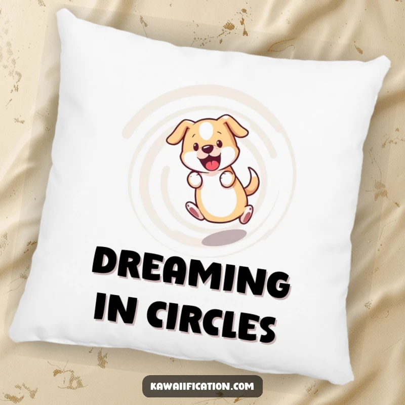 Funny dog pillow, bewildered dog chasing its tail in a dizzying spiral, soft and humorous decor for pet enthusiasts.