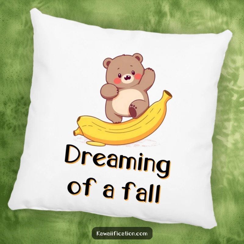 Funny pillow with a plump bear hilariously trying to climb a slippery banana peel, a cozy nature decor item.