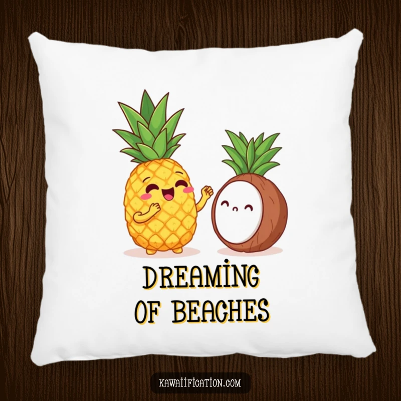 Funny pillow featuring a cheerful pineapple singing opera to a shy coconut, adding a touch of humorous comfort.