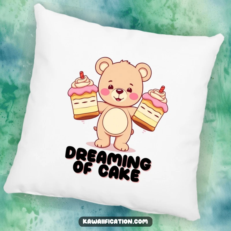 Funny pillow showcasing a happy teddy bear character juggling three oversized, wobbly cakes, designed for comfort and a dose of sweet humor.