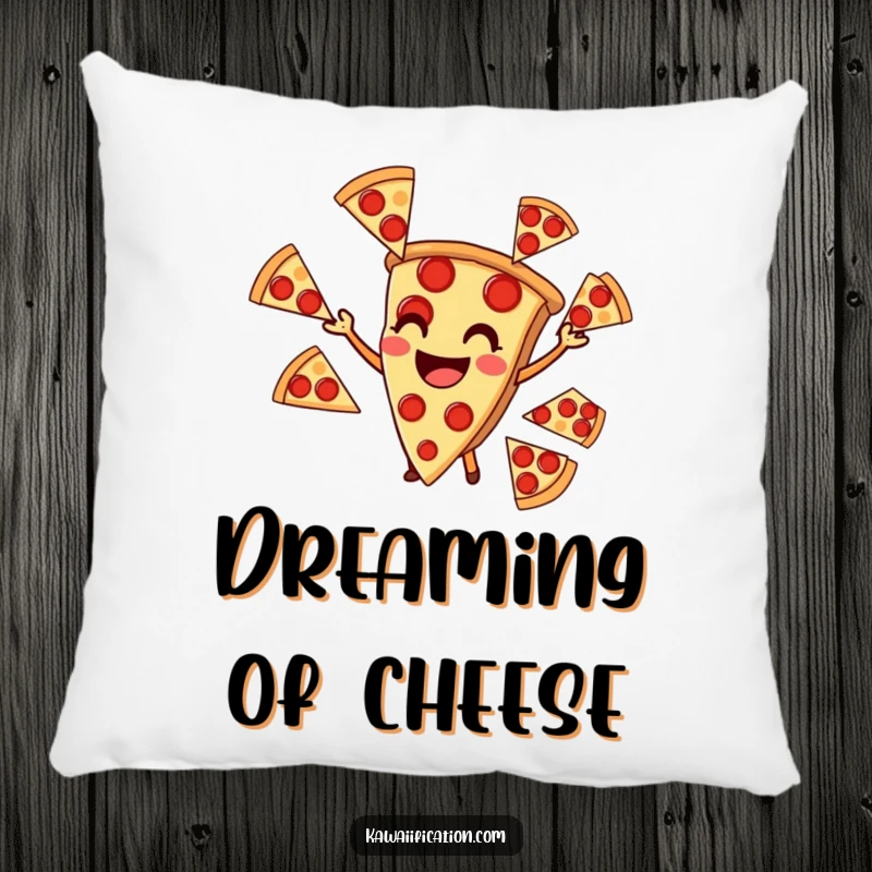 Funny pillow with a smiling pizza slice juggling pepperoni, a cozy and humorous piece of food decor.
