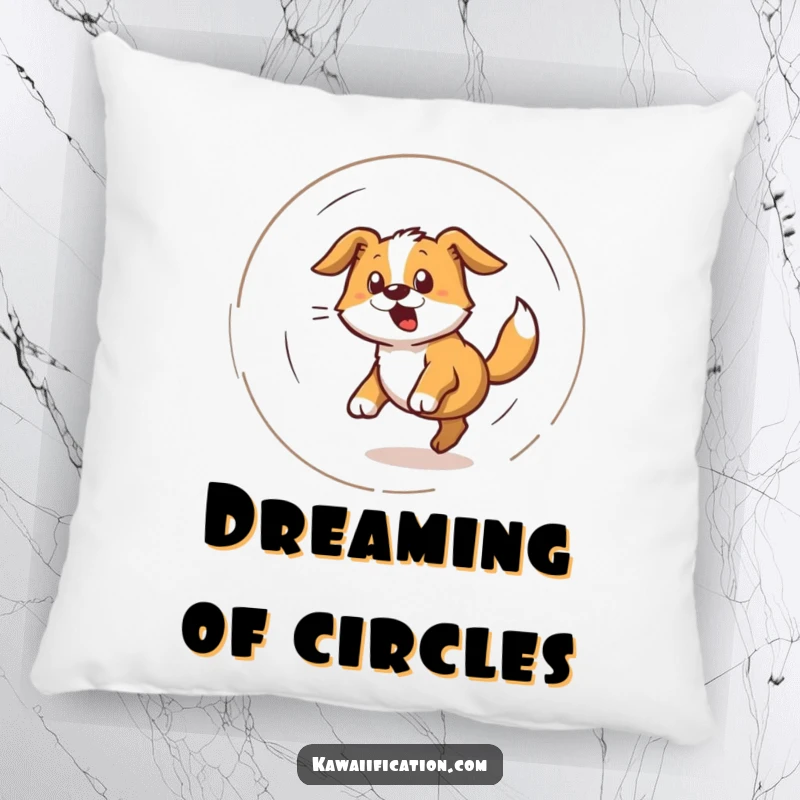Funny pillow showcasing a bewildered dog spinning in a dizzy spiral while enthusiastically chasing its tail, a cute design.