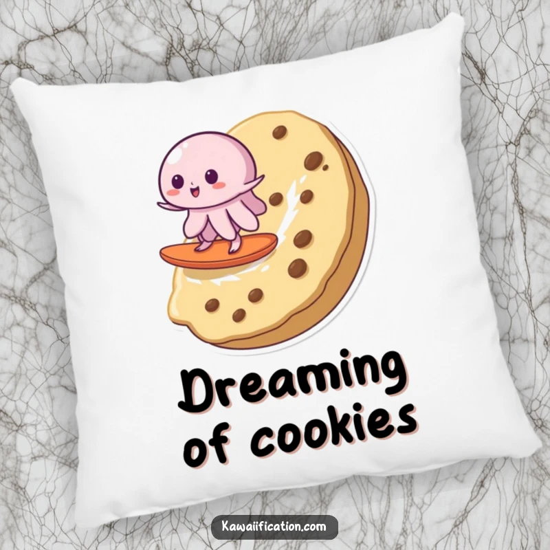 Funny, soft pillow featuring a wobbly jelly riding a giant cookie, offering comfort and a delightful, humorous dessert theme.