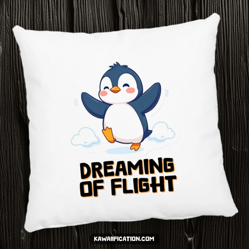 Funny Pillow with a determined penguin attempting flight with flippers, offering comfort and humorous inspiration.