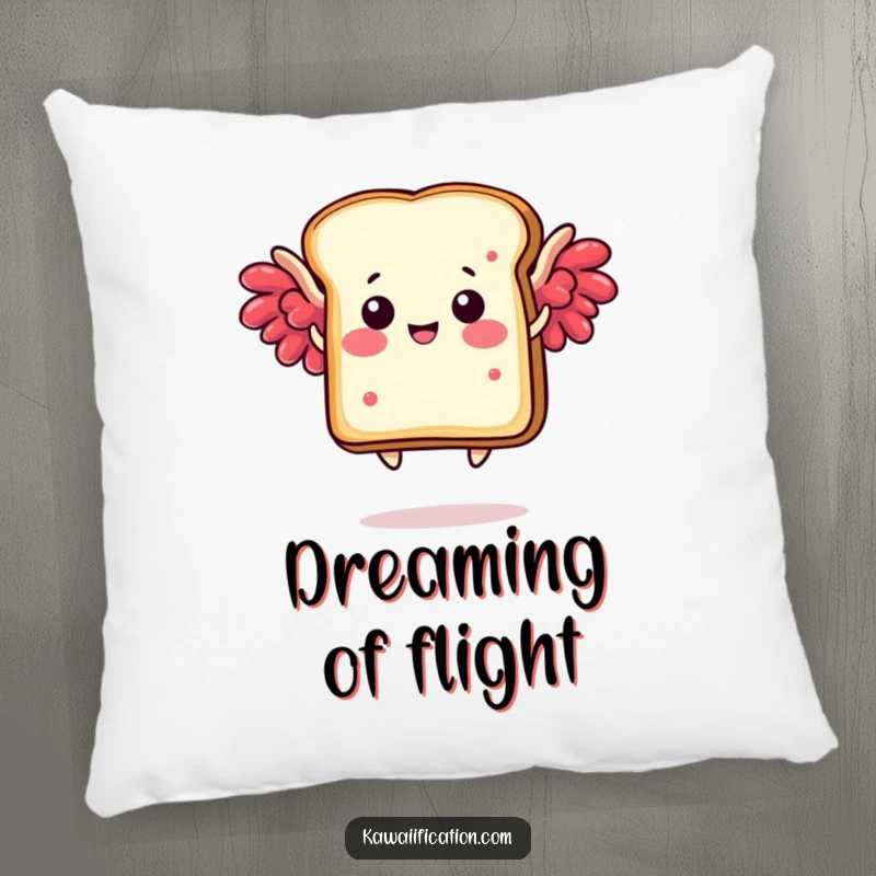 Funny pillow showcasing a happy toast slice with jam wings humorously attempting to fly, a comfortable and comical decor piece.