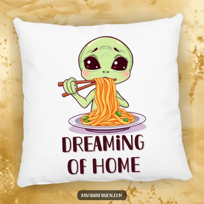 Funny Pillow featuring a confused alien trying to eat spaghetti with chopsticks, designed to bring comfort and a lighthearted, cosmic feel.