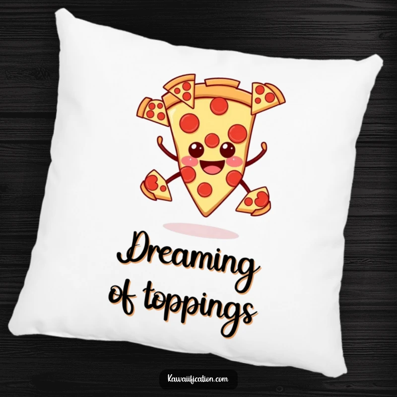 Funny pizza pillow, smiling slice juggling pepperoni slices, soft and humorous decor for food lovers.