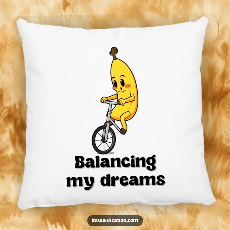 Funny pillow adorned with a determined banana character hilariously riding a unicycle, providing comfort and comedic flair.