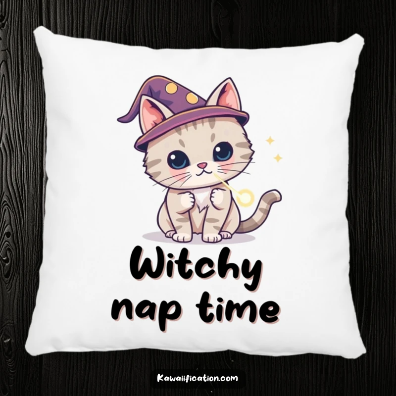 Funny cat wizard pillow wearing a tiny hat, conjuring a laser dot, cozy and magical comfort, perfect funny gift.