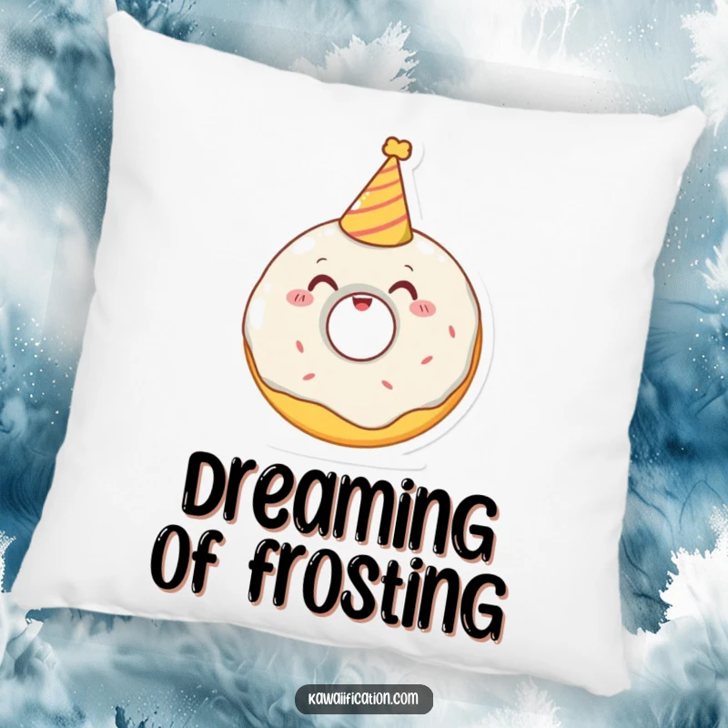 Funny pillow with a delighted donut character trying to wear a tiny party hat, perfect for adding comfort and festive cheer.