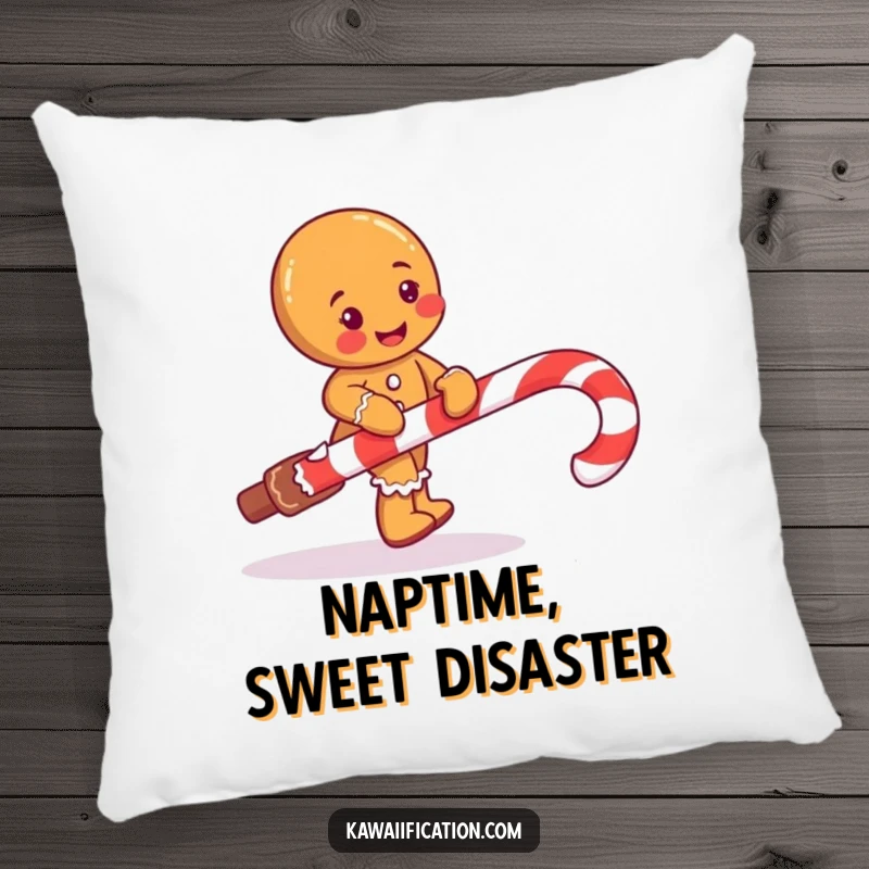 Funny pillow featuring a mischievous gingerbread man character comically falling over a giant candy cane.
