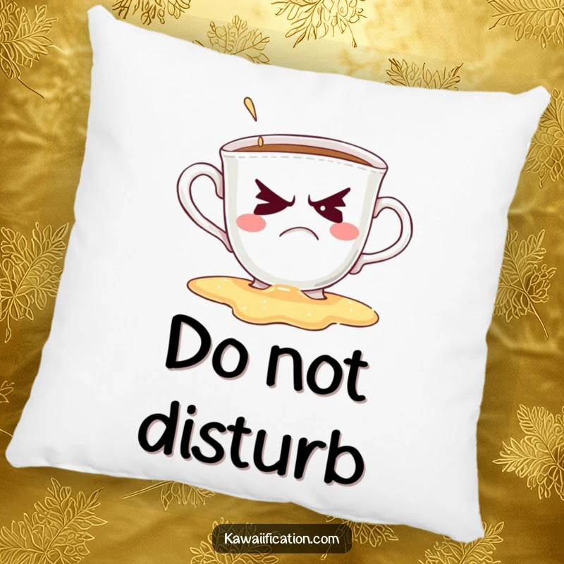 Funny pillow featuring a grumpy teacup spilling, with a humorous wink, perfect for adding a touch of funny to any room.