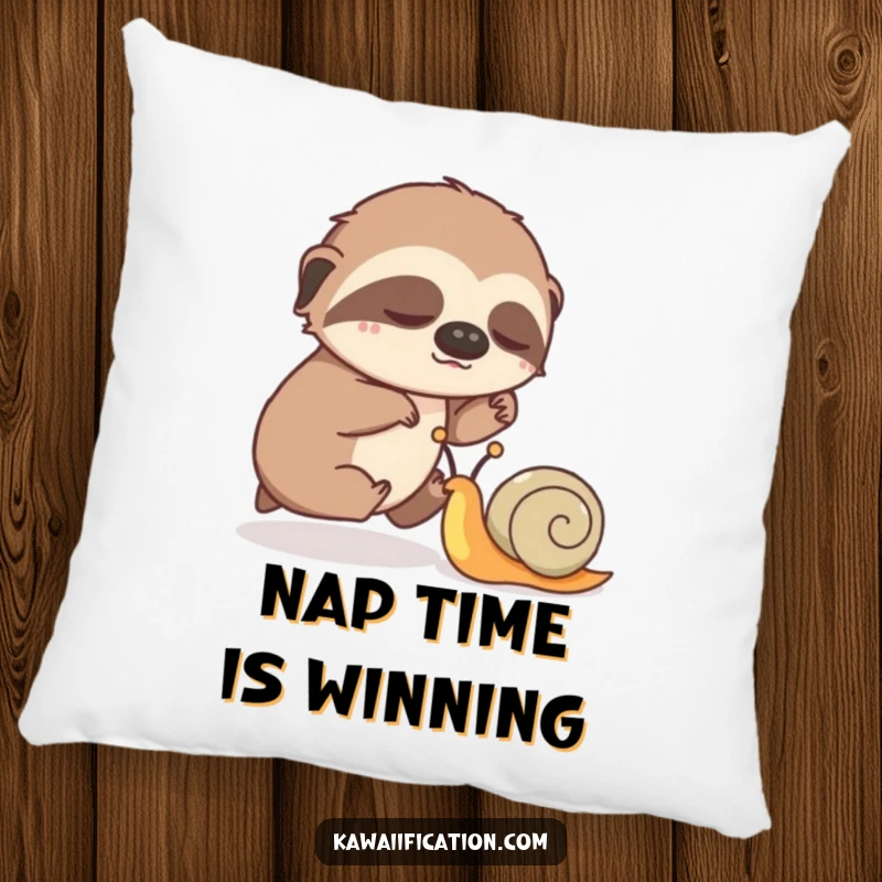 Funny decorative pillow showcasing a sleepy sloth humorously challenging a speedy snail in a race.