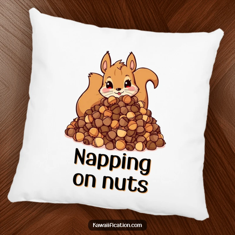 Funny Pillow: Soft cushion featuring a mischievous squirrel with a huge pile of acorns, combining comfort and humor.
