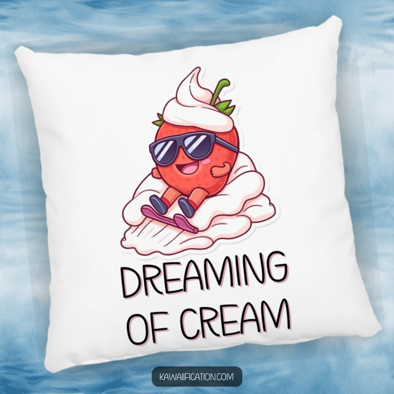 Funny pillow featuring a happy strawberry character in sunglasses, dramatically sliding down a whipped cream mountain, adding sweet comfort.