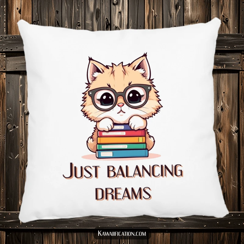 Funny pillow with a fluffy cat in glasses trying to balance many books, perfect for a reading nook.