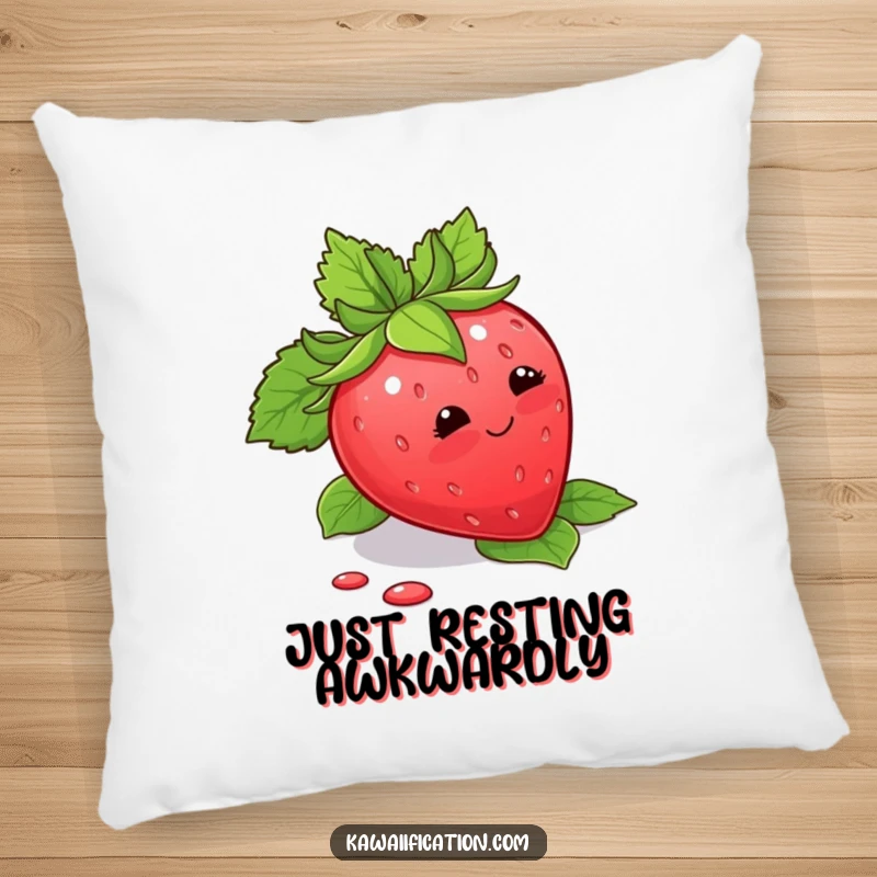 Funny Pillow with a blushing strawberry tripping over its leaves, offering comfort and sweet humor.