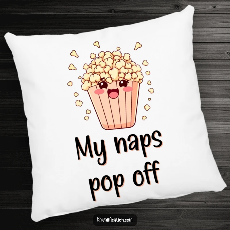 Funny throw pillow decorated with a bag of popcorn comically exploding with kernels and vibrant energy.