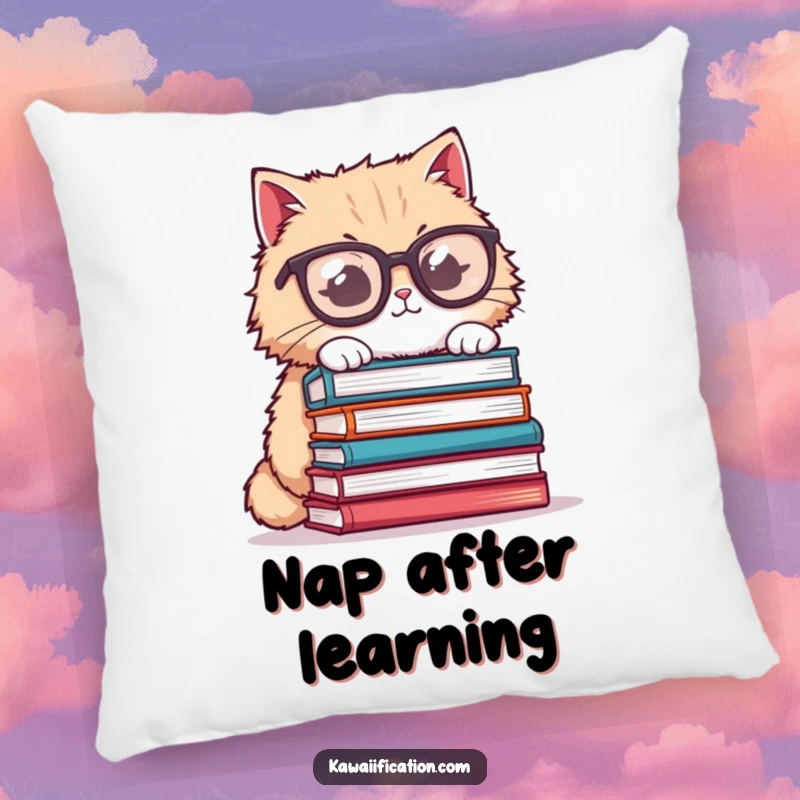 Funny cat pillow, fluffy cat wearing oversized glasses, trying to balance books, soft and humorous decor for book lovers.