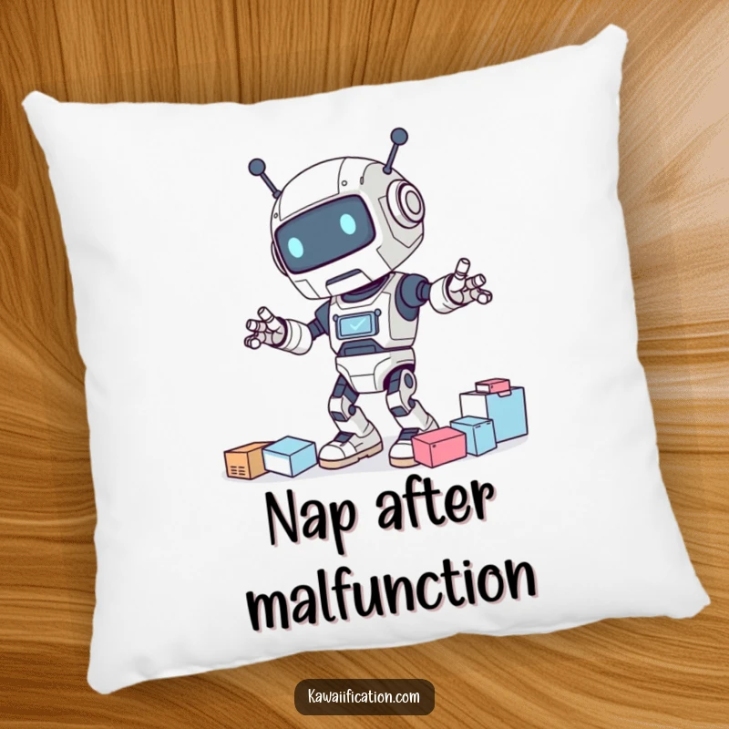 Funny pillow with a cartoon clumsy robot character falling over during a dance, looking comically distressed.