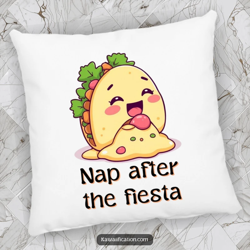 Funny Taco Spill Pillow cushion featuring a giggling taco character with its filling comically spilling out, a comfy and humorous accent.