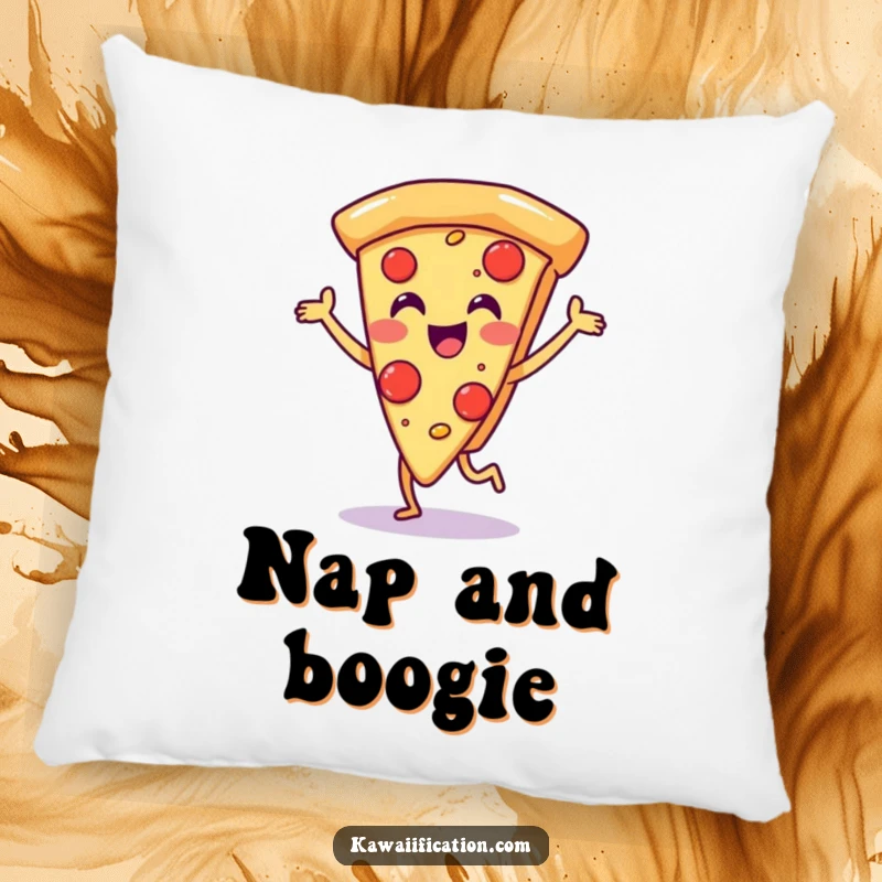 Funny, soft pillow adorned with a joyful pizza slice character in a happy dance pose, offering comfort and humor.