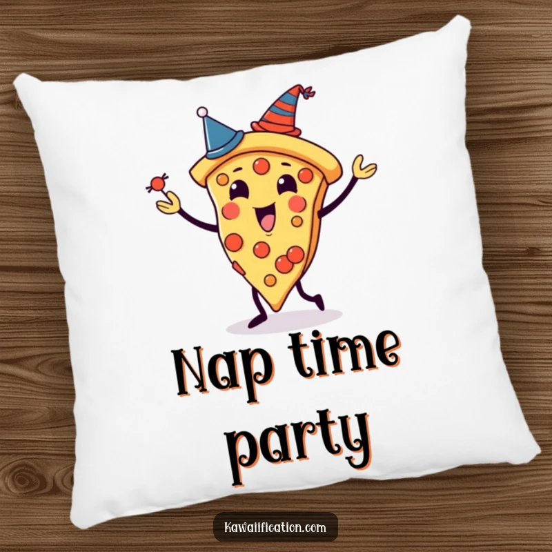 Funny pillow with a pizza slice character juggling slices, each wearing a tiny hat, perfect for adding comfort and humor.